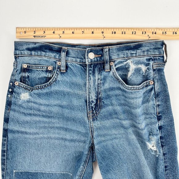 American Eagle Women's '90s Straight Jeans Size 4 Blue Distressed Patched - Picture 9 of 12